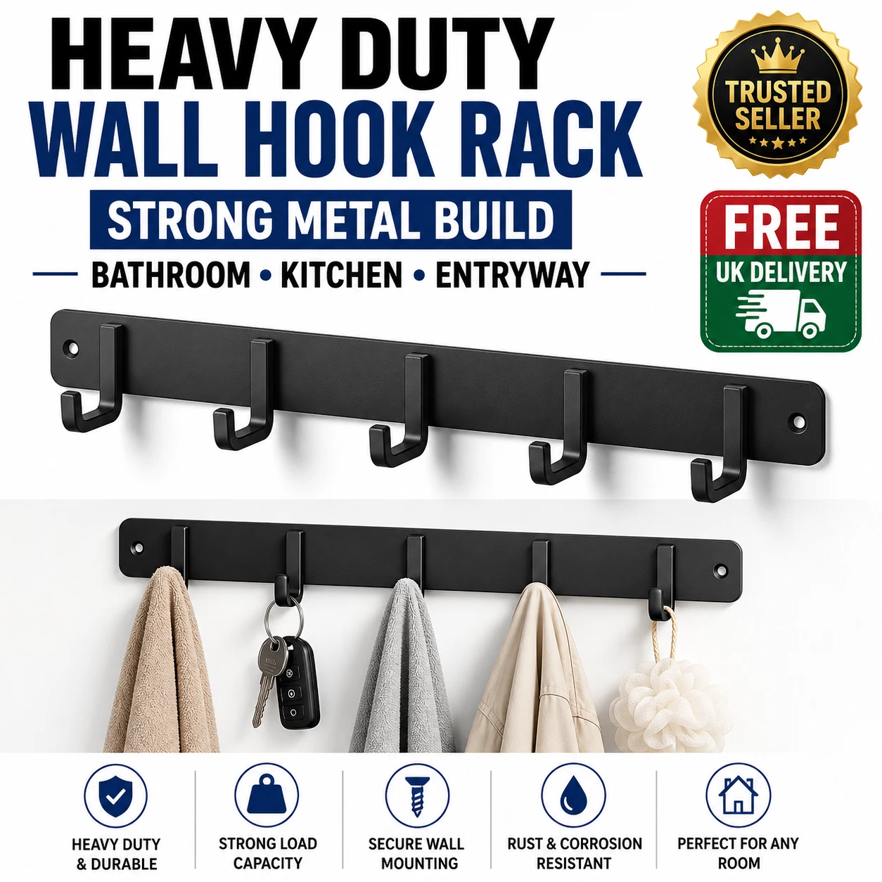 Wall Coat Rack Black Hooks Heavy Duty Clothes Towel Hanger for Bathroom Kitchen